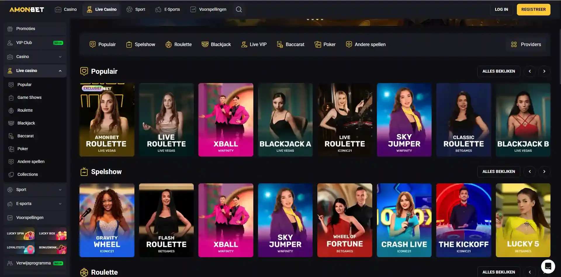 Actuele Amonbet live-casino lobby met live titels en providerlabels