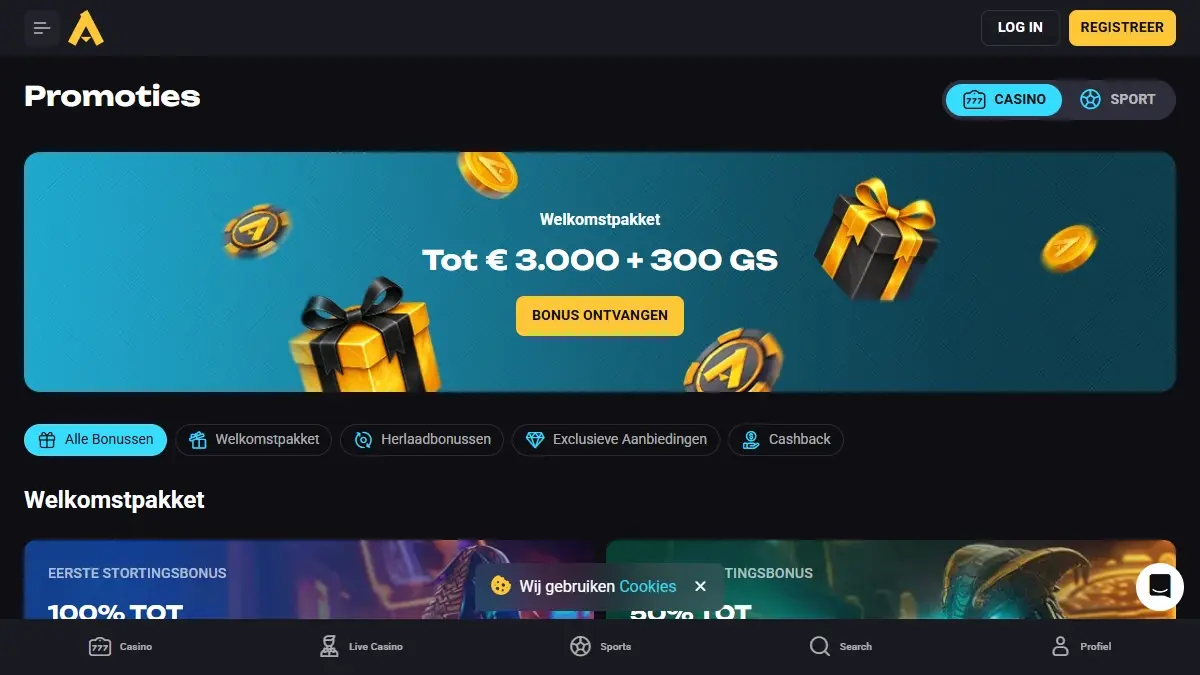 Actuele weergave van de actuele Nederlandse Amonbet promotiepagina met de drie welkomstbonussen en bonuscodes