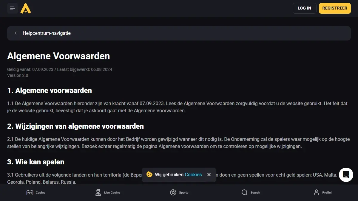 Actuele weergave van de actuele Amonbet voorwaarden met passages over identificatie en verificatie voor uitbetalingen