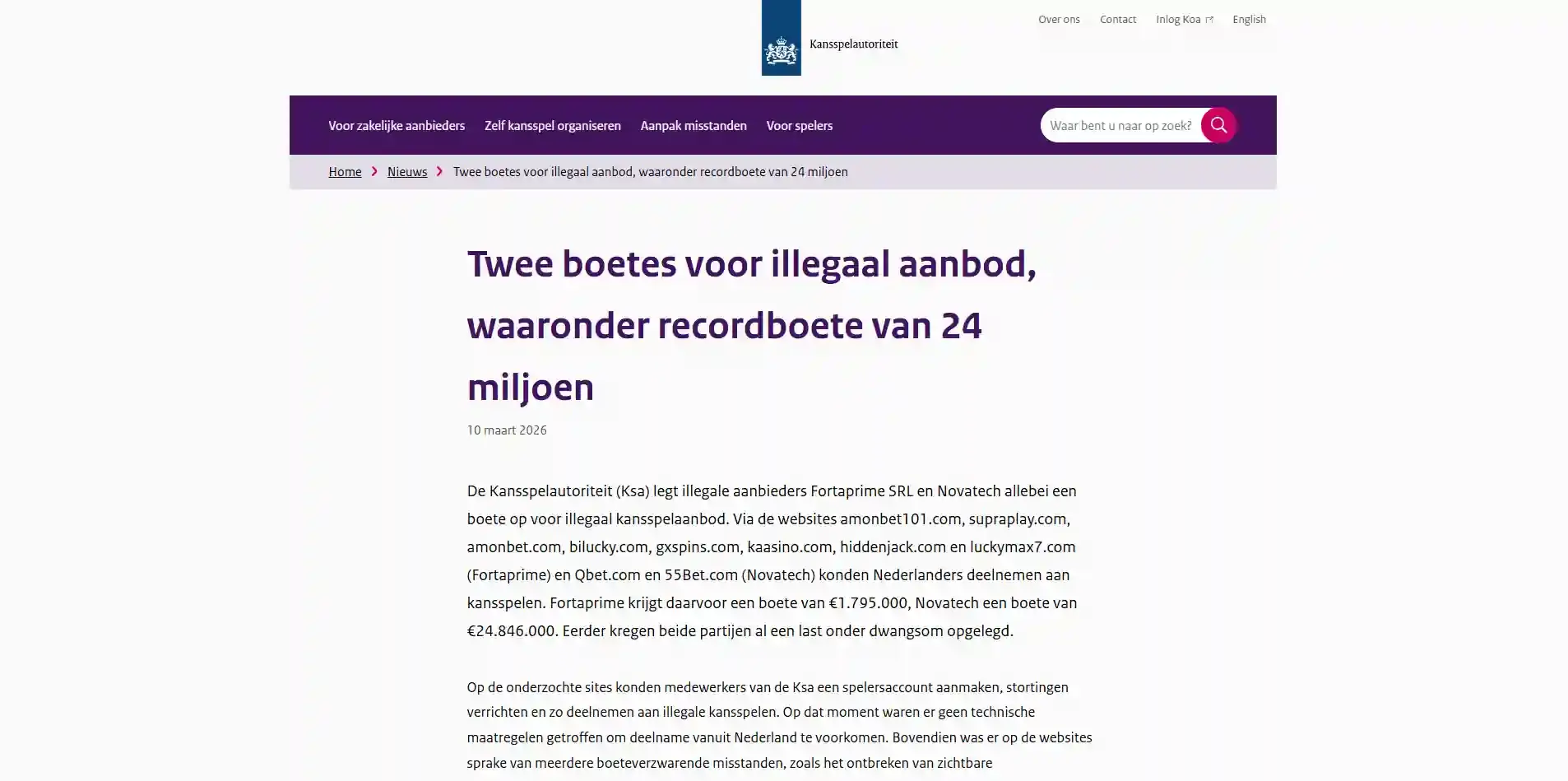 Actuele weergave van de Ksa-sanctiebesluitenpagina met Fortaprime, amonbet.com en het besluit van 10 maart 2026