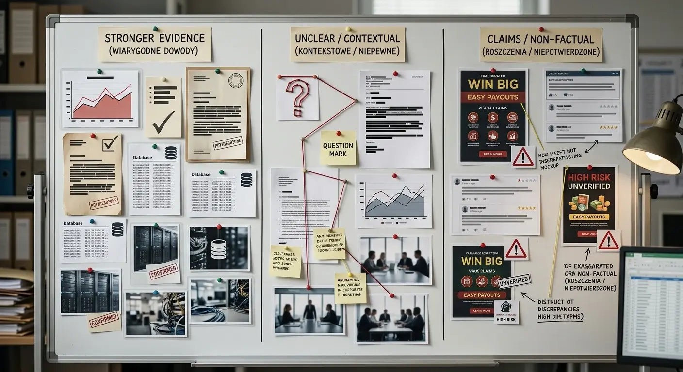 Redactionele illustratie van een bewijsmatrix met geverifieerde, onzekere en niet te claimen signalen